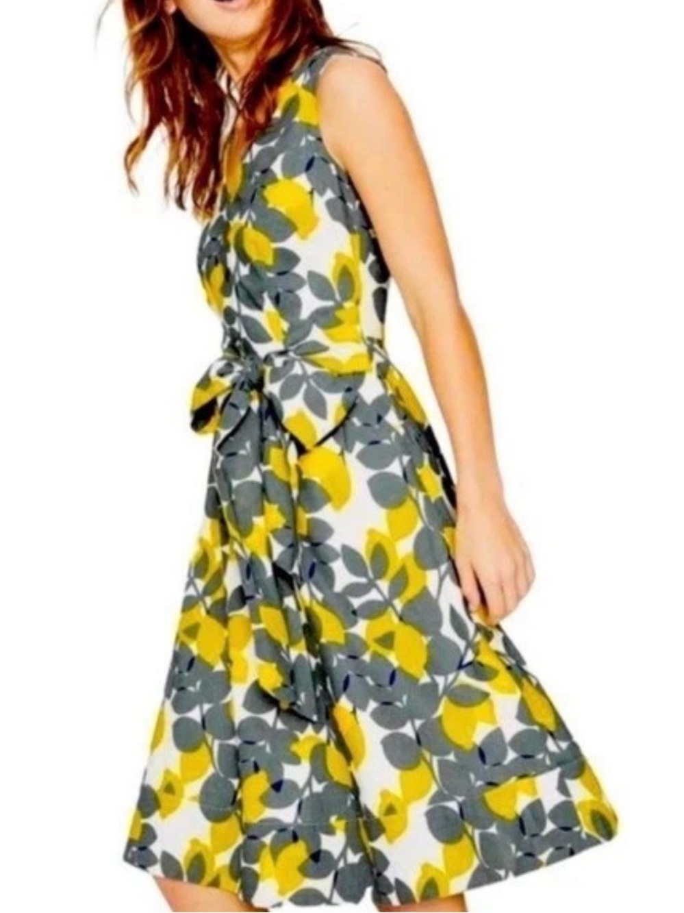 Boden Linen Blend Dress US 4/ UK 8 Yellow Lemon Print Fit & Flare Boho Italy